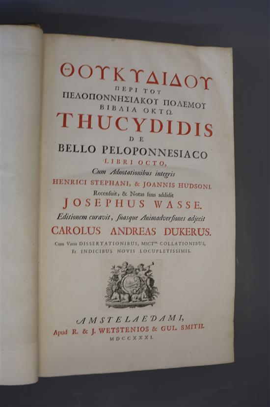 Thucydides - Thuaydidis de bello Peloponnesiaco ..., folio, calf, front board and front fly leaf detached, with engraved frontispiece,